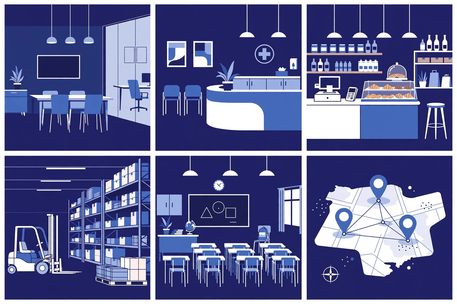 Six industries served: professional office, medical, retail and restaurant, warehouse, education, and multi-location business
